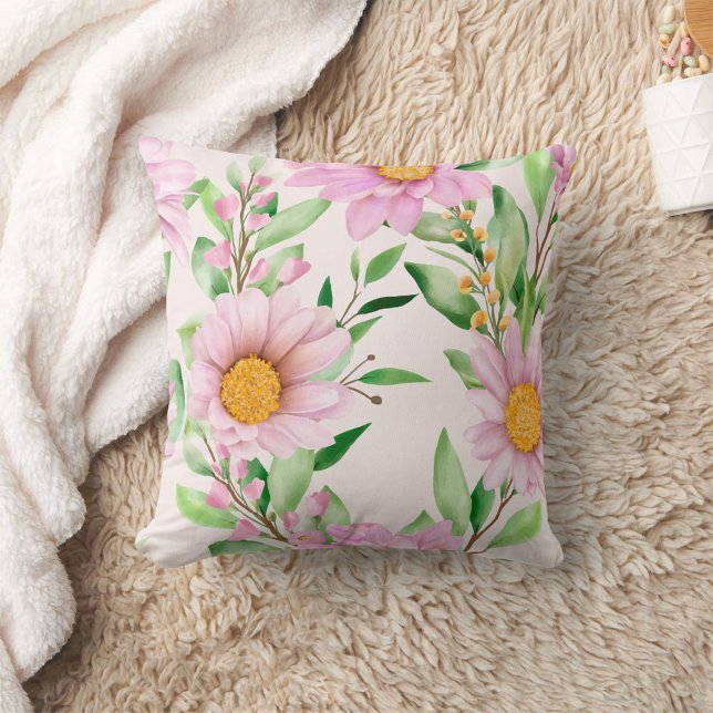 Rosa Blommigt Dekorativ kudde (Pink Flowers and green leaves floral pillow!)