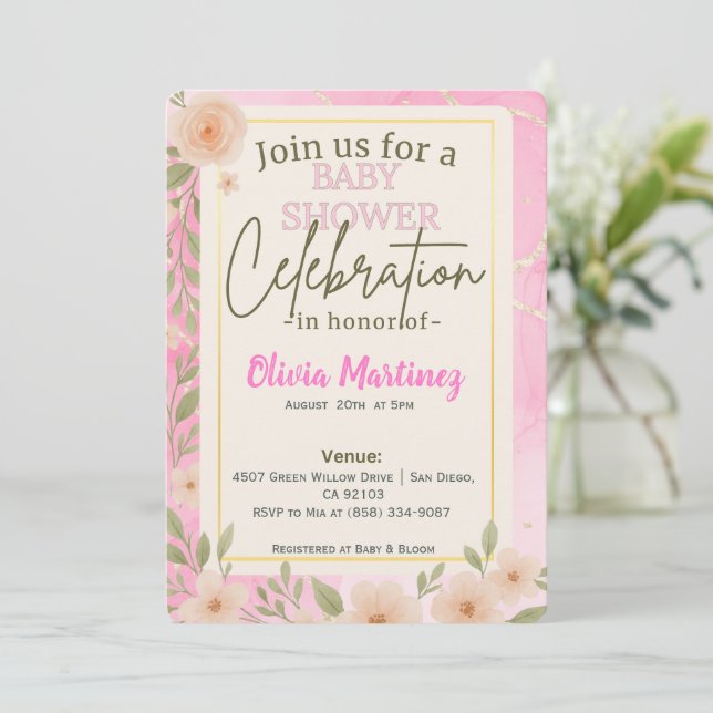  Rosa Blommigt Design Baby Shower-inbjudan Inbjudningar (Stående Fram)