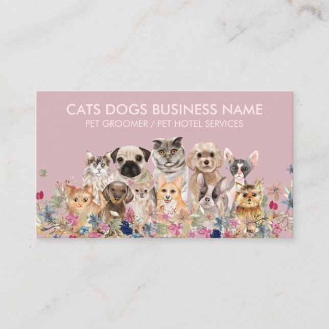 Rosa Blommigt Design med Cats Hundar Visitkort (Framsida)