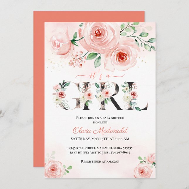 Rosa  Blommigt Det är en flicka Babyskare Inbjudningar (Fram/baksida)