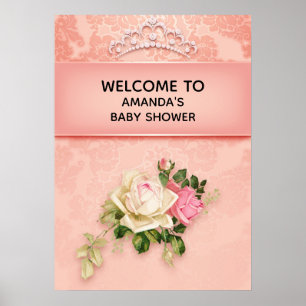 Rosa blommigt & Diamond Tiara Princess Baby Shower Poster