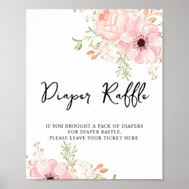 Rosa Blommigt Diaper Raffle Baby Shower Poster