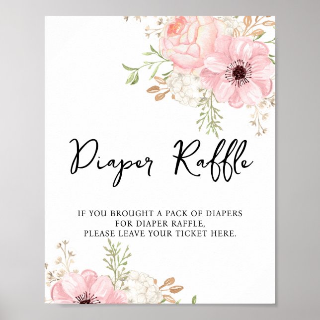 Rosa Blommigt Diaper Raffle Baby Shower Poster (Framsidan)