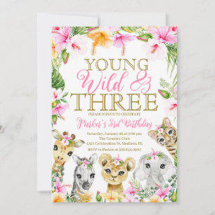 Rosa Blommigt din Vild och tre jungle Birthday Gir Inbjudningar