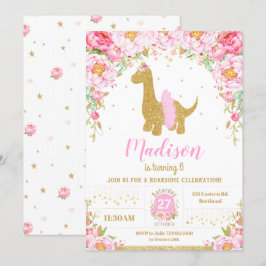 Rosa Blommigt Dinosaur Brachiosaurus Birthday Girl Inbjudningar