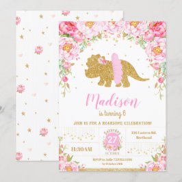 Rosa Blommigt Dinosaur Triceratops Birthday Girl Inbjudningar