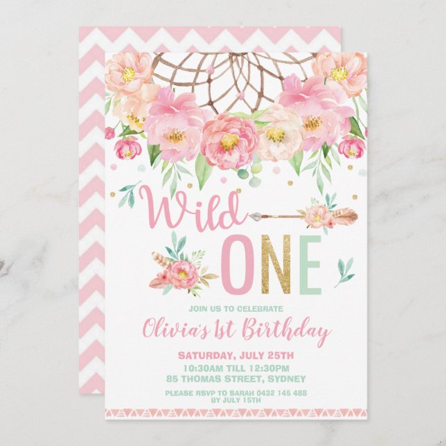 Rosa Blommigt Dream Catcher Vild en första födelse Inbjudningar (Fram/baksida)