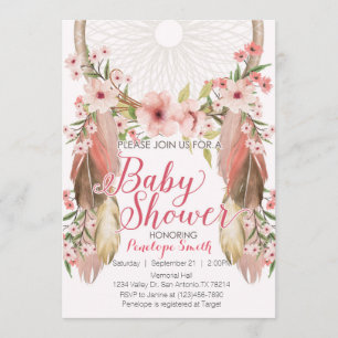 Rosa Blommigt Dreamcatcher Baby Shower-inbjudan Inbjudningar