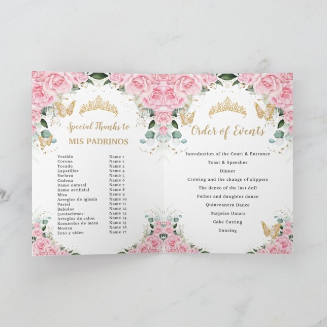 Rosa Blommigt Dress Guld Quinceañera order of Even Program (Inuti)