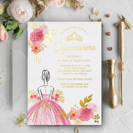 Rosa Blommigt Dress Princess Quinceanera Guld