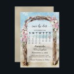 Rosa Blommigt Driftwood Beach Arbor Calendar Bröll Spara Datumet<br><div class="desc">Det här vackra besparingskortet är perfekt för ett målbröllop. Den har en anpassade-kalender där du kan lägga ett hjärta runt din bröllop-dejt med en vattenfärgad strandstrand med rosa och vita blommor. Det finns utrymme för namn,  datum och bröllop och en webbplats-URL (valfritt).</div>