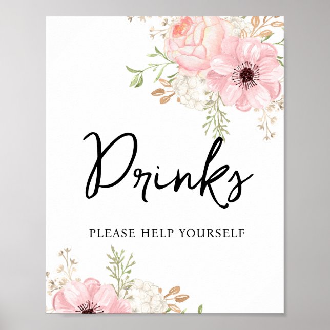 Rosa Blommigt Drinks Baby Shower Poster (Framsidan)