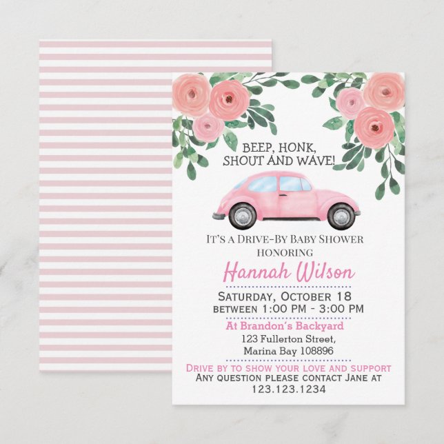  Rosa Blommigt Drive by Baby Shower Parad Inbjudningar (Fram/baksida)