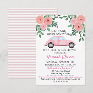  Rosa Blommigt Drive by Baby Shower Parad Inbjudningar