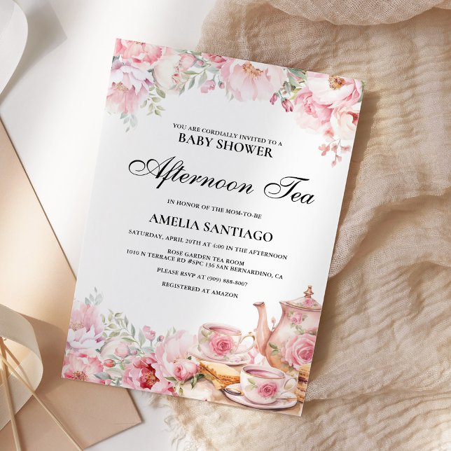  Rosa Blommigt Eftermiddagstid Tea Baby Shower Inbjudningar (Skapare uppladdad)