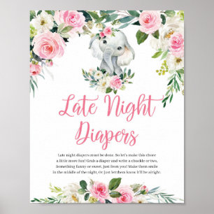 rosa blommigt elefant för sent nattblöjor poster