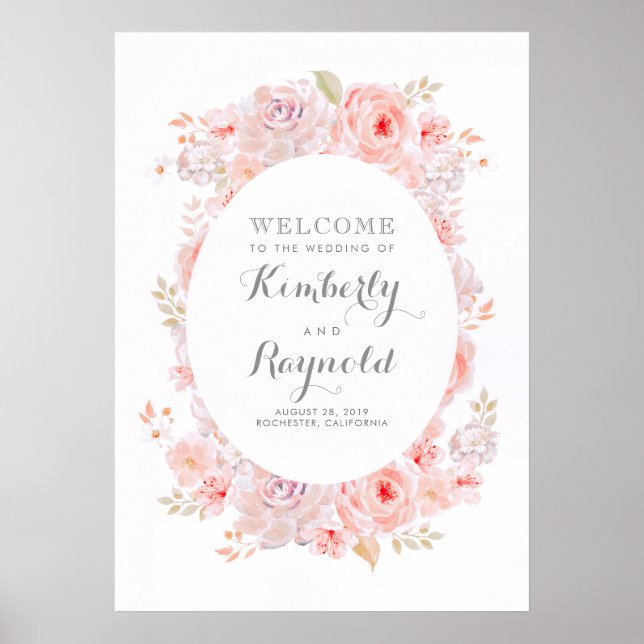 Rosa Blommigt Elegant bröllop välkomstskylt Poster (Framsidan)