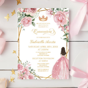 Rosa Blommigt Elegant Dress Guld Ram Quinceanera Inbjudningar
