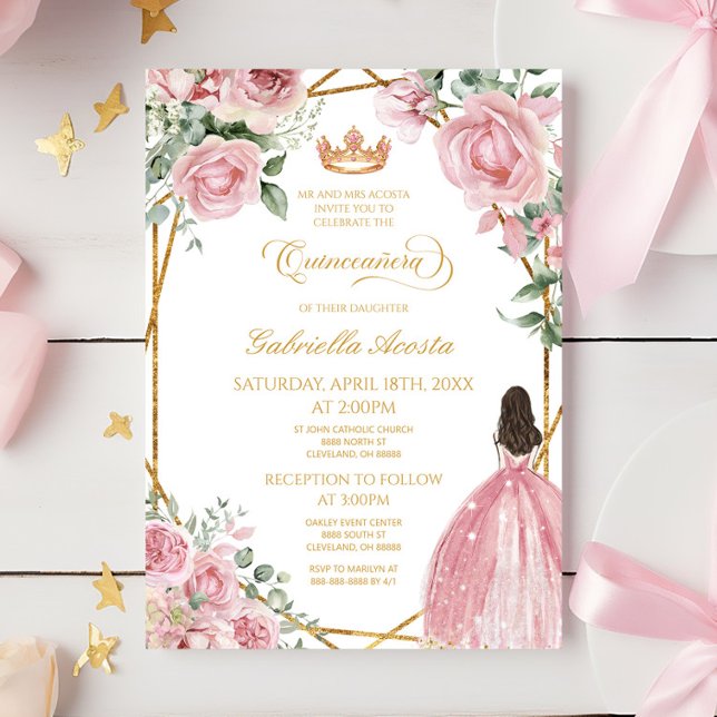 Rosa Blommigt Elegant Dress Guld Ram Quinceanera Inbjudningar (Skapare uppladdad)