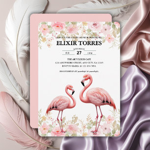 Rosa Blommigt Elegant Flamingo Baby Shower Inbjudningar