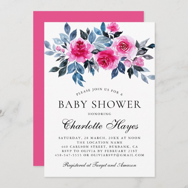 Rosa Blommigt Elegant för vattenfärg, babykläder f Inbjudningar (Fram/baksida)