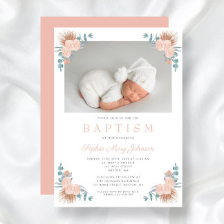 Rosa Blommigt Elegant Girl Photo Baptism Inbjudningar