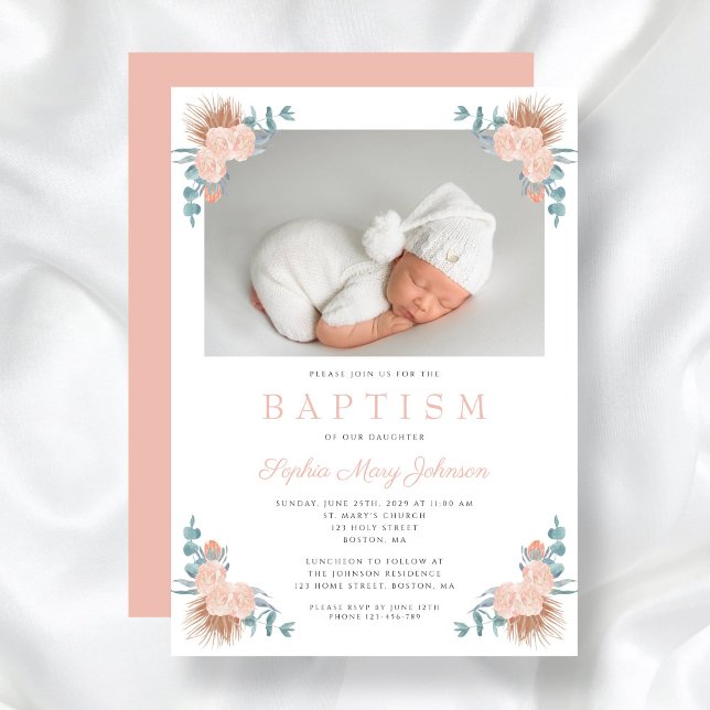 Rosa Blommigt Elegant Girl Photo Baptism Inbjudningar (Pink Floral Elegant Girl Photo Baptism Invitation)