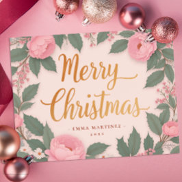 Rosa Blommigt Elegant God jul Helgdag Card Julkort