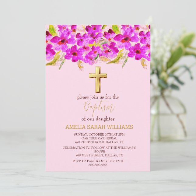 Rosa Blommigt Elegant Guld Kor Flicka Baptism Inbjudningar (Stående Fram)