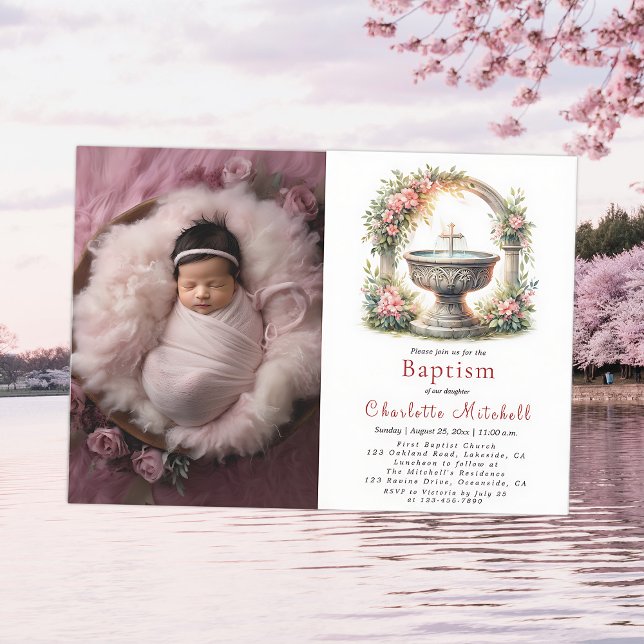 Rosa Blommigt Elegant Kor Baptism Photo Inbjudningar (Skapare uppladdad)