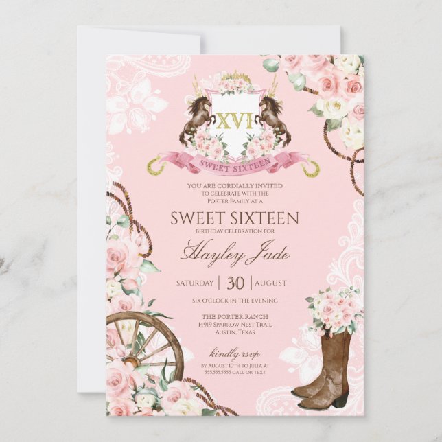 Rosa Blommigt & Elegant Vapensköld Cowgirl Ranch S Inbjudningar (Framsida)