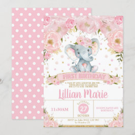 Rosa Blommigt Elephant 1:a födelsedagsinbjudan fli Inbjudningar