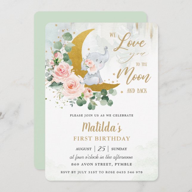 Rosa Blommigt Elephant 1st Birthday Crescent Måne  Inbjudningar (Fram/baksida)