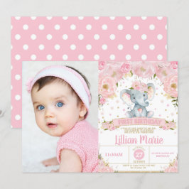 Rosa Blommigt Elephant 1st Birthday Girl Photo Inbjudningar