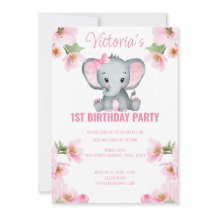 Rosa Blommigt Elephant 1st Birthday