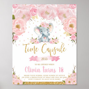 Rosa Blommigt Elephant 1st Birthday Time Capsule Poster