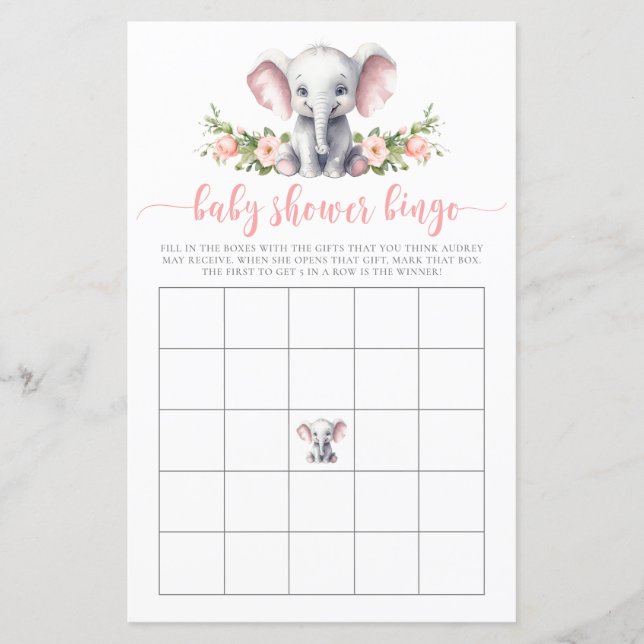 Rosa Blommigt Elephant Baby Bingo Shower Game (Framsida)