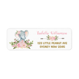 Rosa Blommigt Elephant Baby Shower-adressetikett Returadress Etikett