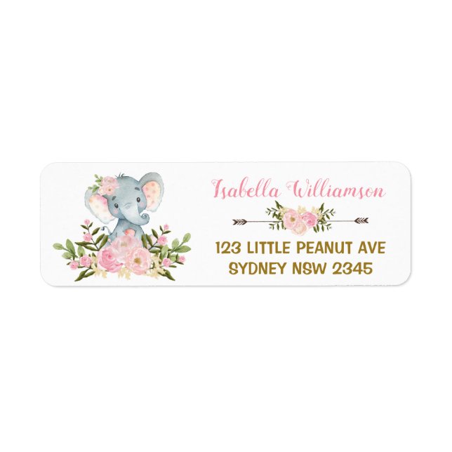 Rosa Blommigt Elephant Baby Shower-adressetikett Returadress Etikett (Framsidan)