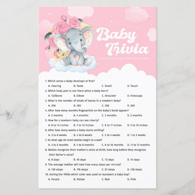 Rosa Blommigt Elephant Baby Shower Baby Trivia-spe (Framsida)