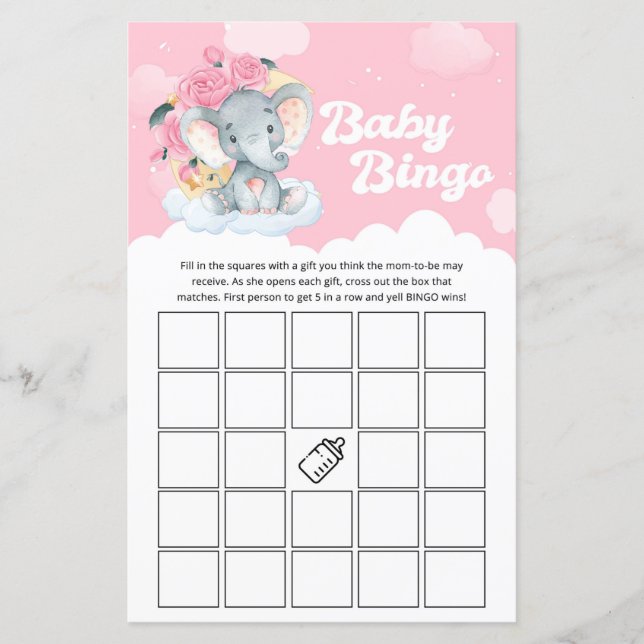 Rosa Blommigt Elephant Baby Shower Bingo Game (Framsida)