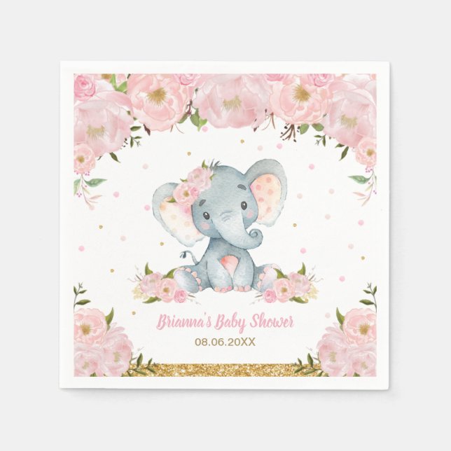  Rosa Blommigt Elephant Baby Shower Birthday N Pappersservett (Framsidan)