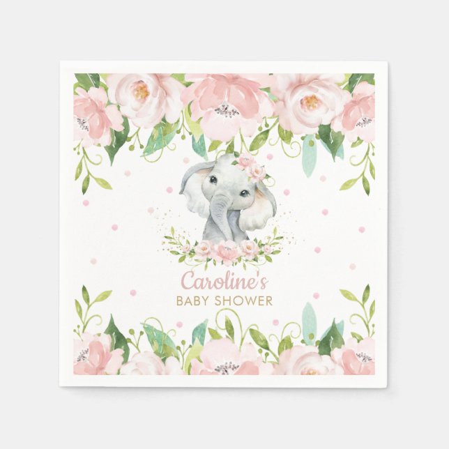  Rosa Blommigt Elephant Baby Shower Birthday Pappersservett (Framsidan)