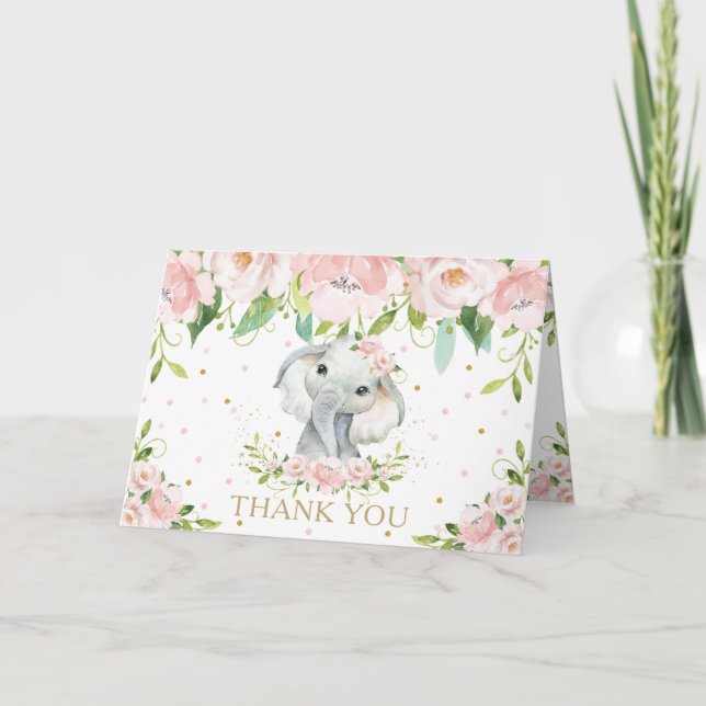  Rosa Blommigt Elephant Baby Shower Birthday Tack Kort (Framsida)