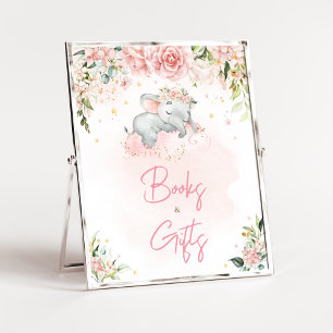 Rosa Blommigt Elephant Baby Shower Bokar and Gifts Poster