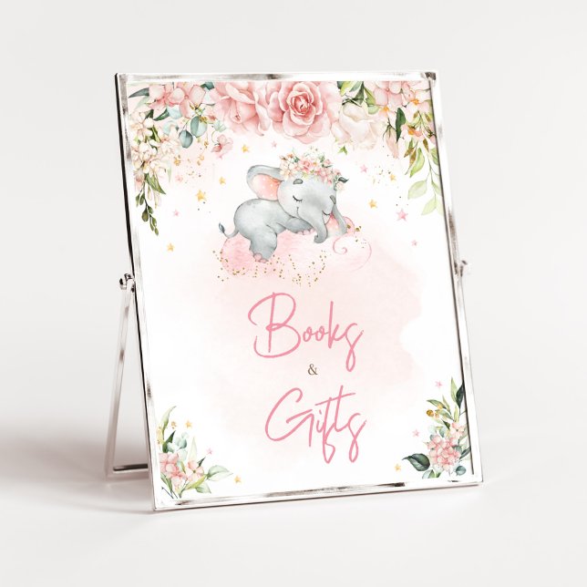 Rosa Blommigt Elephant Baby Shower Bokar and Gifts Poster (Pink Floral Sleeping Elephant Baby Shower Books and Gifts Sign)