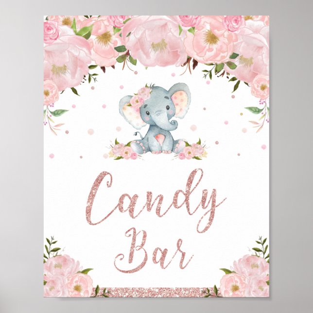Rosa Blommigt Elephant Baby Shower Candy Pub Sign Poster (Framsidan)