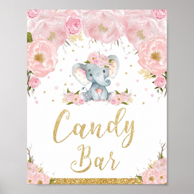 Rosa Blommigt Elephant Baby Shower Candy Pub Sign Poster (Framsidan)