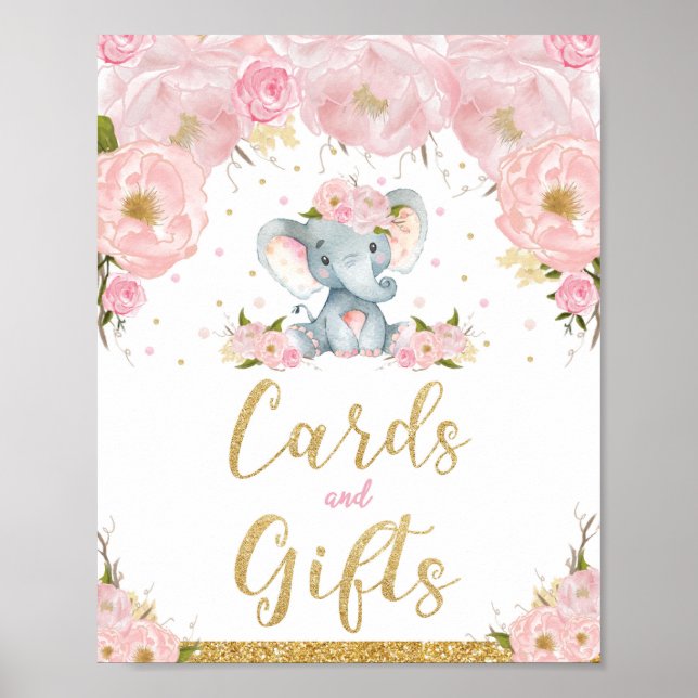 Rosa Blommigt Elephant Baby Shower Cards Gifts Sig Poster (Framsidan)
