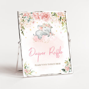 Rosa Blommigt Elephant Baby Shower Diaper Raffle Poster
